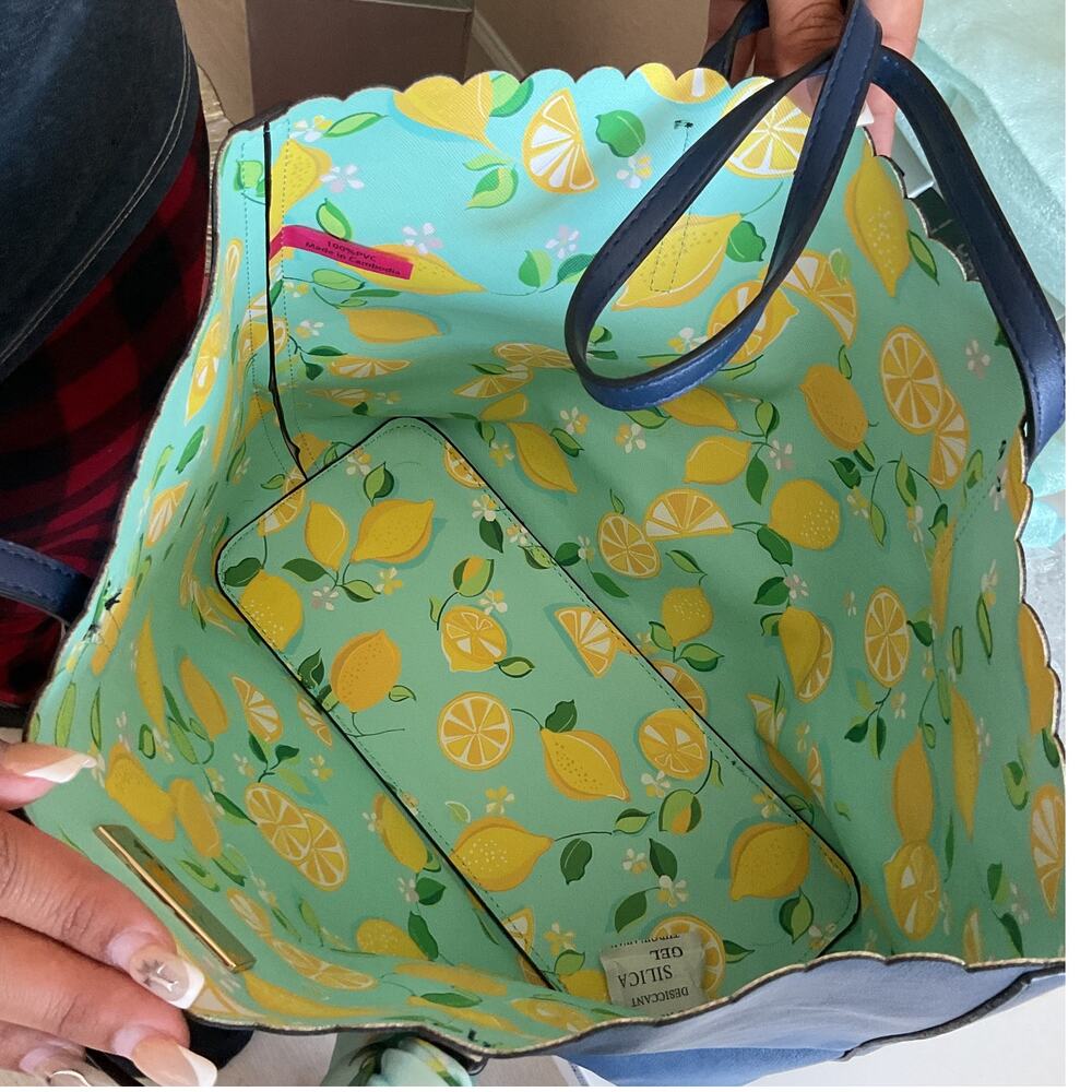 Trina Turk Blue Tote Bag Lemon Pattern interior and Lemon Scarf Open top - Picture 3 of 6